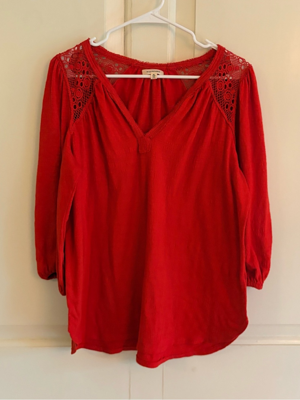 Max Studio Red V-Neck Crochet Yoke Tunic XL